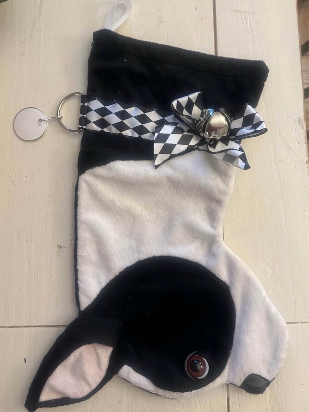 Black & White Boston Terrier Frenchie Christmas Stocking with Ribbon and Bell